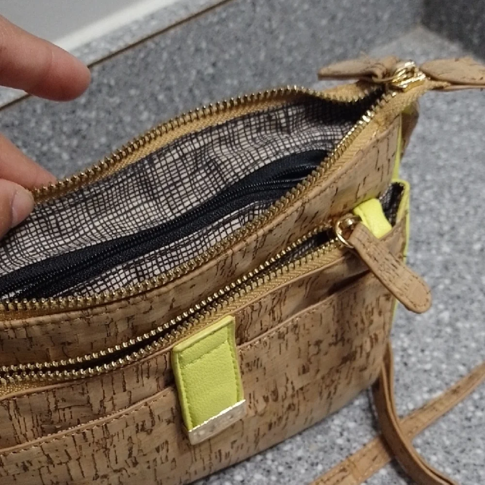 Miztique Tan and Yellow Crossbody Bag with Cork Texture